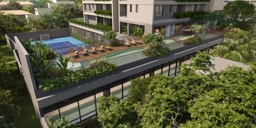 Lazer descoberto do TESS Brooklin com quadra, piscina e deck. Perspectiva ilustrada