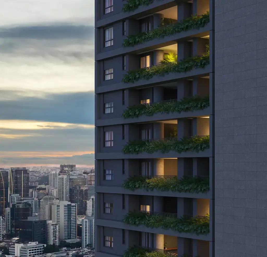 Terraços com floreiras do TESS Brooklin e o skyline da zona sul de São Paulo. Perspectiva ilustrada
